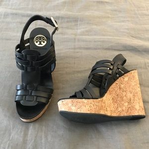 Tory Burch Black Cork Wedges